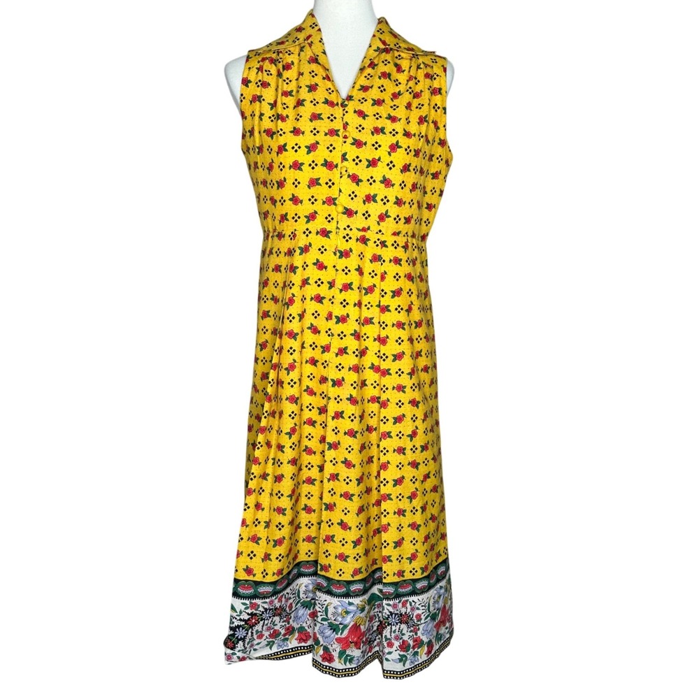 Handmade Vintage Yellow Floral Midi Dress Sleeveless Button Front Border Print